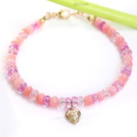 The LOVE Bracelet – Solid Gold 14K Pink Opal, Pink Sapphire Bracelet with a 14K Gold Diamond Heart Charm