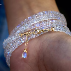 The Moon Dust Bracelet - Solid Gold 14K Rainbow Moonstone Multi Wrap Bracelet Necklace, Multi Layered Bracelet, Double Layered Necklace, Long Necklace