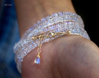 - Solid Gold 14K Rainbow Moonstone Multi Wrap Bracelet Necklace, Multi Layered Bracelet, Double Layered Necklace, Long Necklace