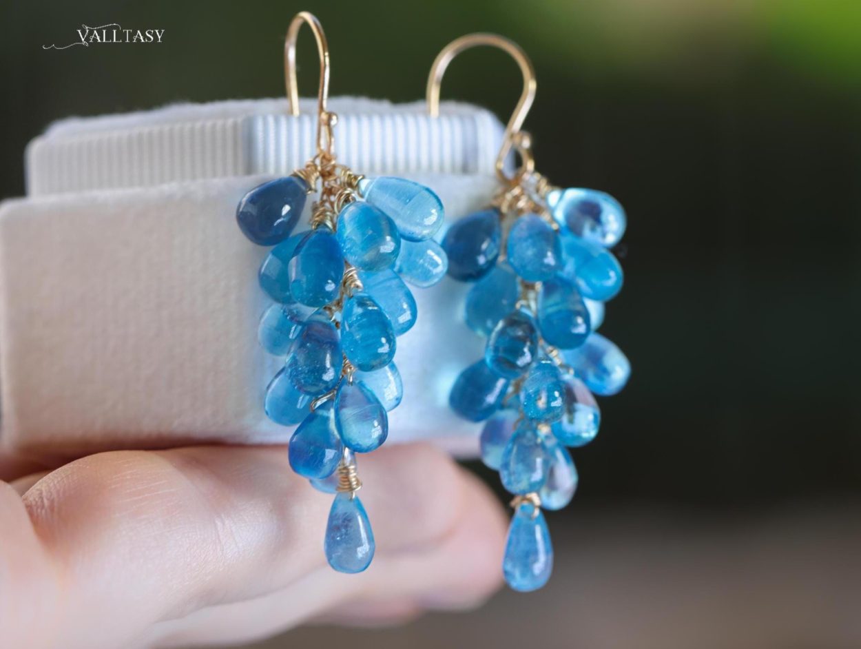 - Blue Aquamarine Earrings, Blue Aquamarine Cluster Earrings in Gold Filled