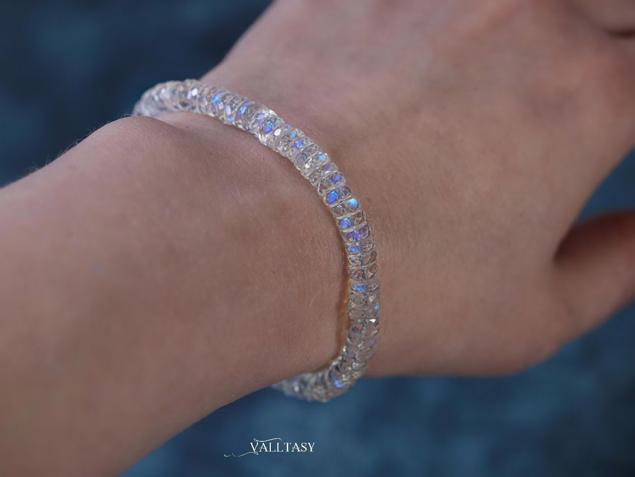 - Rainbow Moonstone Blue Fire Bracelet, Heishi Moonstone Beaded Bracelet