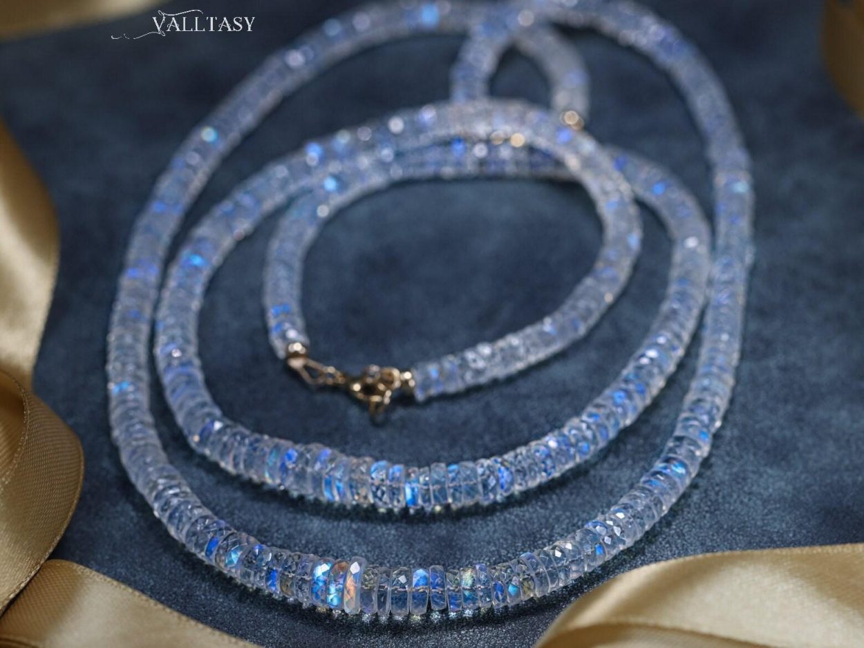 - Rainbow Moonstone Necklace, Blue Fire Heishi Moonstone Beaded Necklace in Gold Filled