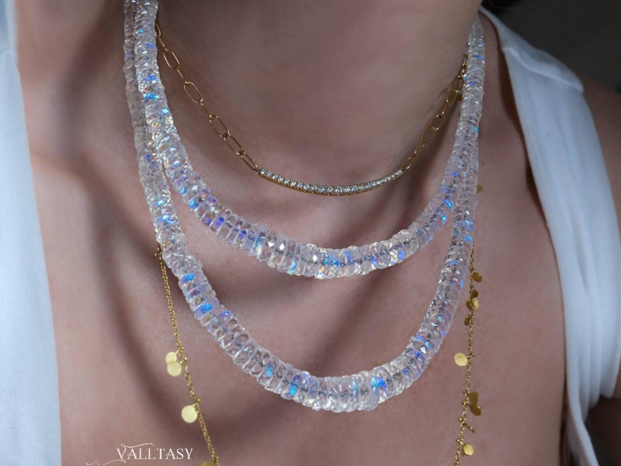 - Rainbow Moonstone Necklace, Blue Fire Heishi Moonstone Beaded Necklace in Gold Filled