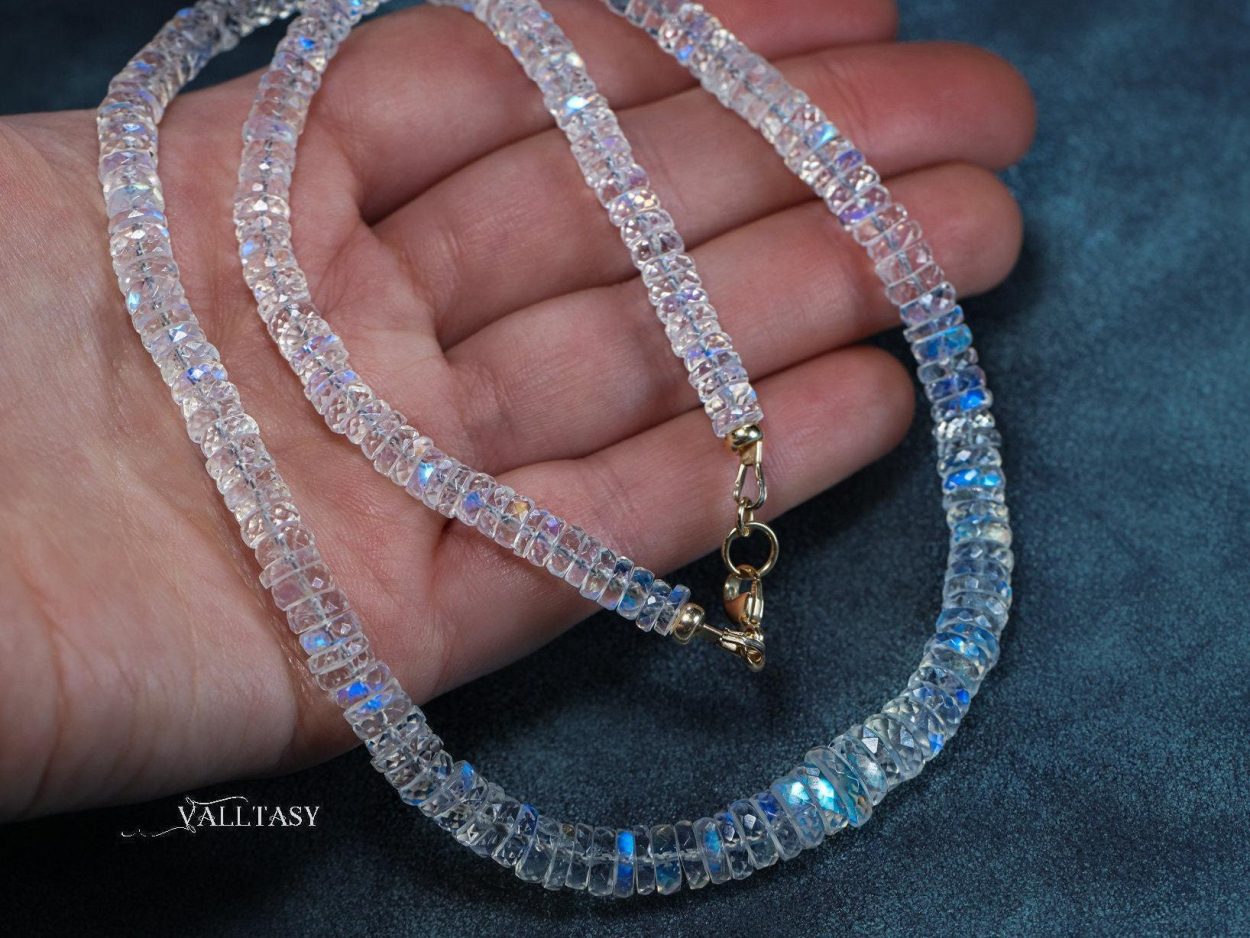 - Rainbow Moonstone Necklace, Blue Fire Heishi Moonstone Beaded Necklace in Gold Filled