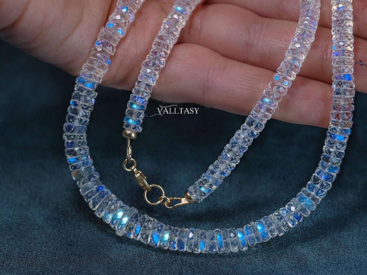 - Rainbow Moonstone Necklace, Blue Fire Heishi Moonstone Beaded Necklace in Gold Filled