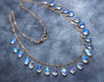 - Rainbow Moonstone Necklace, Deep Blue Fire Moonstone Drop Necklace in Gold Filled