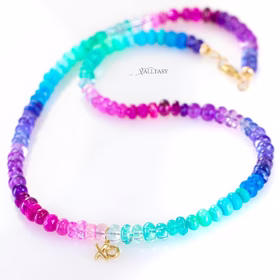 The Hugs & Kisses Necklace - Solid Gold 14K Multi Gemstone Beaded Necklace with XO Charm