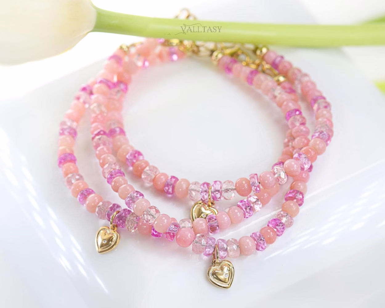 - Solid Gold 14K Pink Opal, Pink Sapphire Bracelet with a 14K Gold Diamond Heart Charm