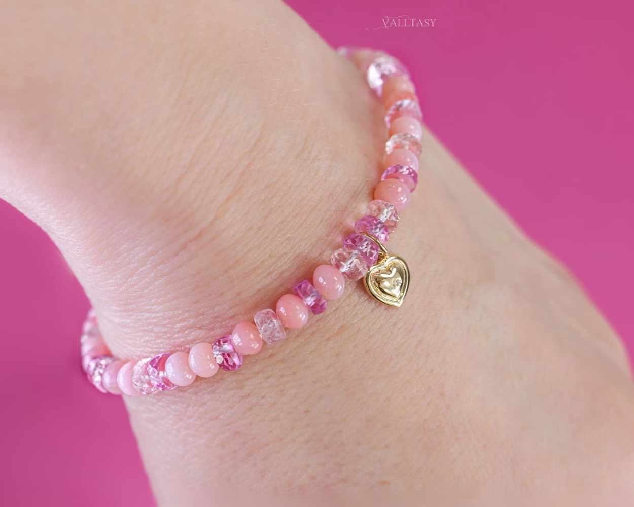 - Solid Gold 14K Pink Opal, Pink Sapphire Bracelet with a 14K Gold Diamond Heart Charm