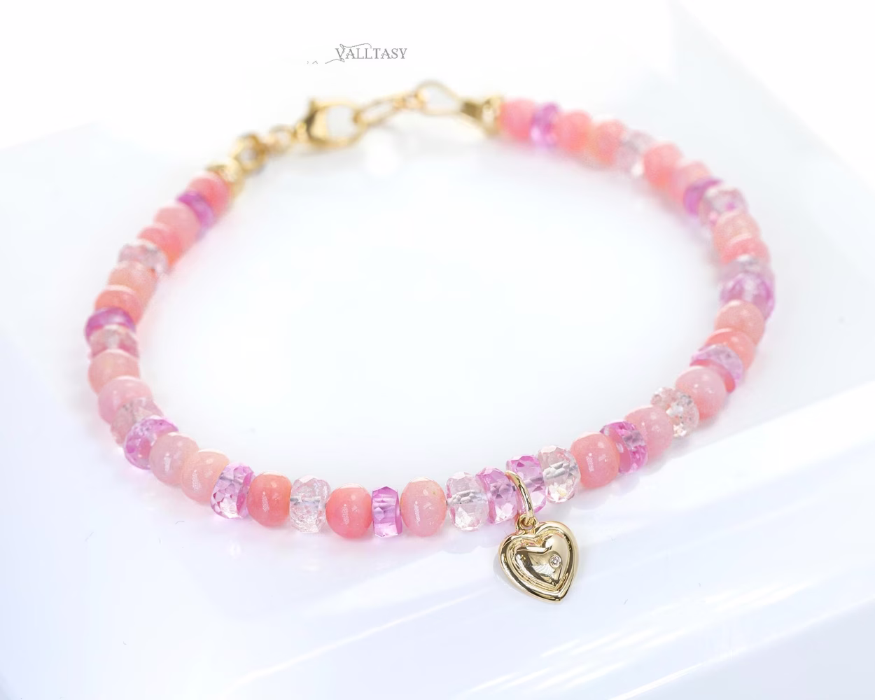 - Solid Gold 14K Pink Opal, Pink Sapphire Bracelet with a 14K Gold Diamond Heart Charm