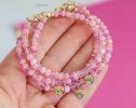 - Solid Gold 14K Pink Opal, Pink Sapphire Bracelet with a 14K Gold Diamond Heart Charm