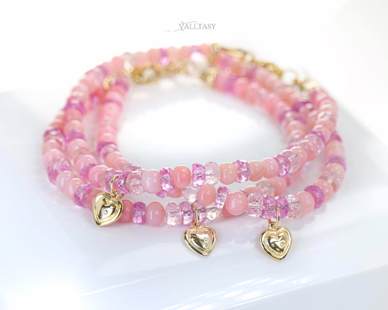 - Solid Gold 14K Pink Opal, Pink Sapphire Bracelet with a 14K Gold Diamond Heart Charm