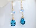 - Solid Gold 14K Rainbow Moonstone and London Blue Topaz Earrings encrusted with Diamonds