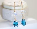 - Solid Gold 14K Rainbow Moonstone and London Blue Topaz Earrings encrusted with Diamonds