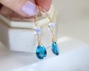 - Solid Gold 14K Rainbow Moonstone and London Blue Topaz Earrings encrusted with Diamonds