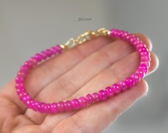 - Solid Gold 14K Pink Sapphire Bracelet, Genuine Pink Sapphire Stacking Beaded Bracelet
