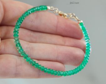 - Solid Gold 14K Zambian Emerald Bracelet, Genuine Emerald Stacking Beaded Bracelet