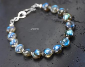 - Sterling Silver Labradorite Bracelet, Bold Blue Flash Labradorite Beaded Bracelet