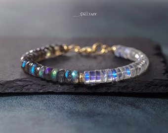 - Labradorite and Rainbow Moonstone Bracelet, Gemstone Beaded Bracelet in Gold Filled