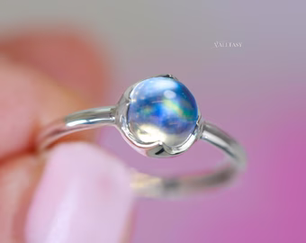 - Rainbow Moonstone Ring in Sterling Silver, Blue Color Changing Gemstone Stacking Ring