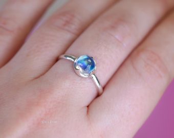 - Rainbow Moonstone Ring in Sterling Silver, Blue Color Changing Gemstone Stacking Ring