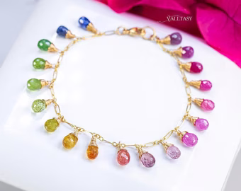 - Rainbow Multi Sapphire Bracelet, Precious Gemstone Drop Bracelet in Gold Filled