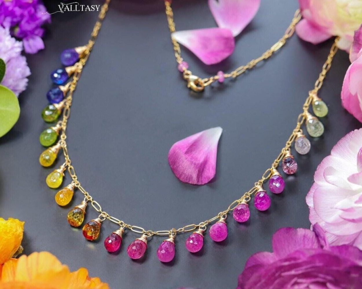 - Rainbow Multi Sapphire Necklace, Precious Gemstone Drop Necklace in Gold Filled