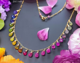 - Rainbow Multi Sapphire Necklace, Precious Gemstone Drop Necklace in Gold Filled