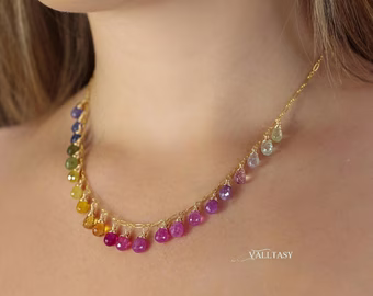 - Rainbow Multi Sapphire Necklace, Precious Gemstone Drop Necklace in Gold Filled