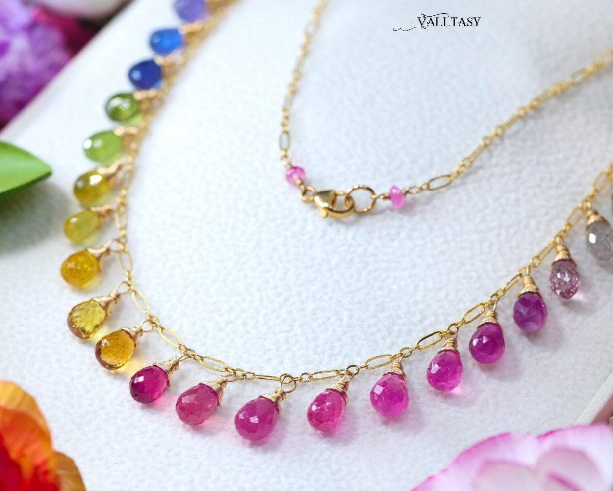 - Rainbow Multi Sapphire Necklace, Precious Gemstone Drop Necklace in Gold Filled