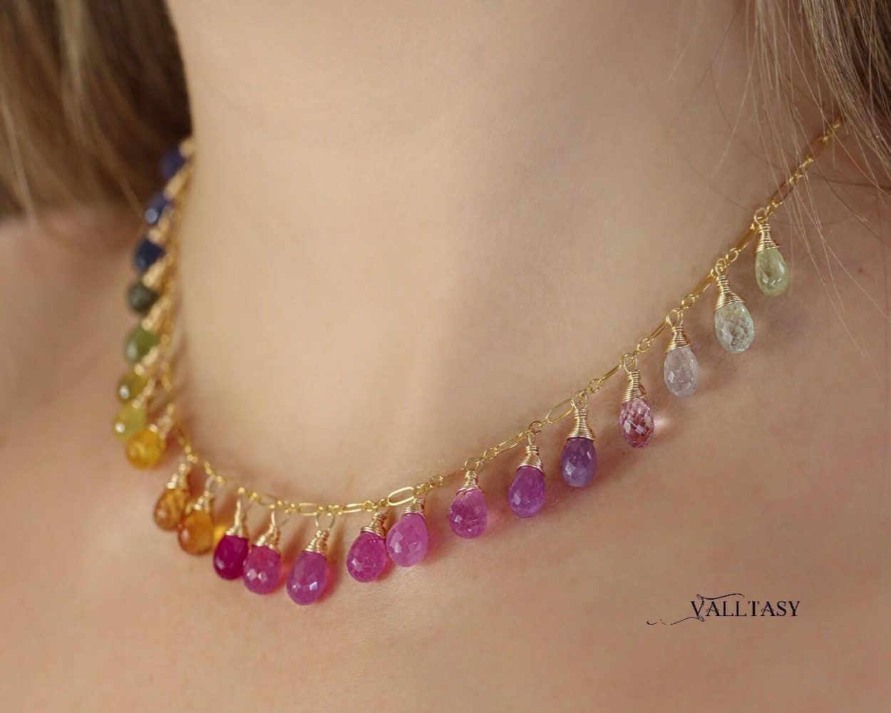 - Rainbow Multi Sapphire Necklace, Precious Gemstone Drop Necklace in Gold Filled