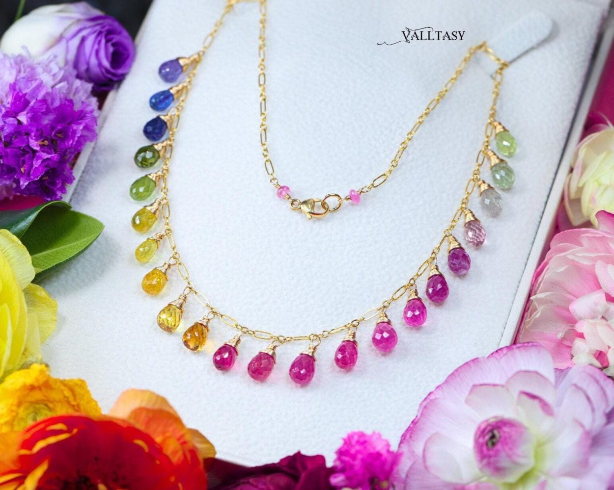 - Rainbow Multi Sapphire Necklace, Precious Gemstone Drop Necklace in Gold Filled