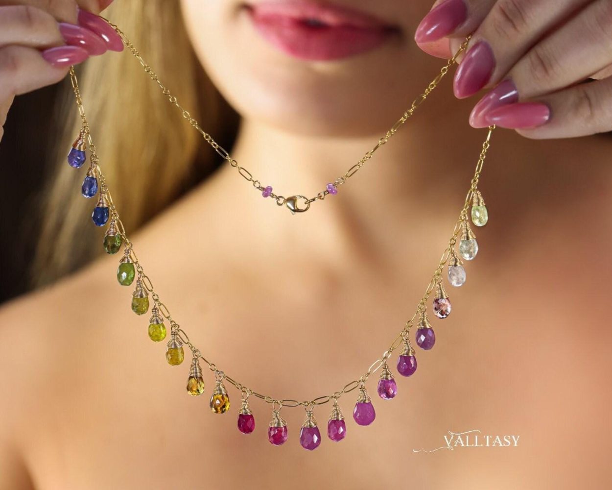 - Rainbow Multi Sapphire Necklace, Precious Gemstone Drop Necklace in Gold Filled