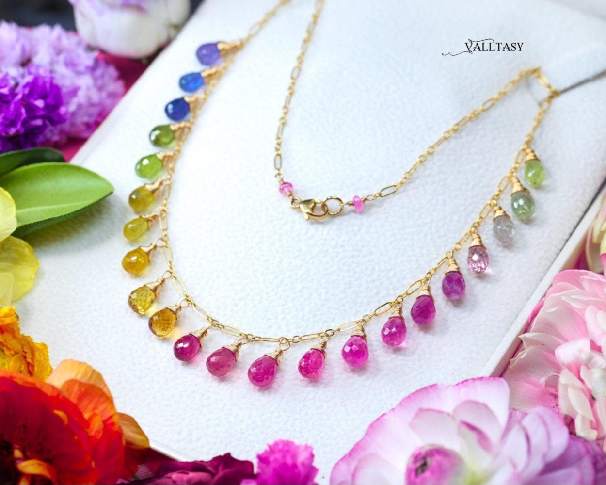 - Rainbow Multi Sapphire Necklace, Precious Gemstone Drop Necklace in Gold Filled
