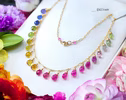 - Rainbow Multi Sapphire Necklace, Precious Gemstone Drop Necklace in Gold Filled