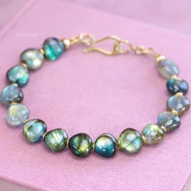 The Sunset Queen Bracelet - Solid Gold 14K Labradorite Bracelet, Multi Colored Flash Labradorite Beaded Bracelet