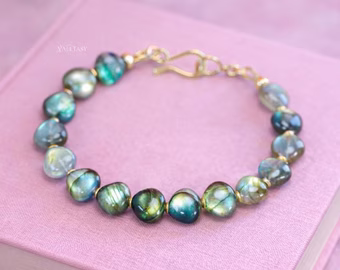 - Solid Gold 14K Labradorite Bracelet, Multi Colored Flash Labradorite Beaded Bracelet