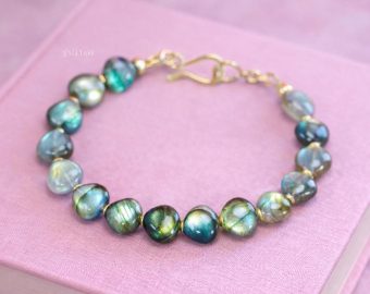 - Solid Gold 14K Labradorite Bracelet, Multi Colored Flash Labradorite Beaded Bracelet