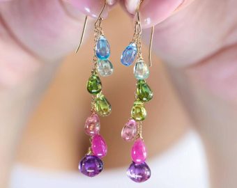 - Tourmaline and Multi Gemstone Earrings, Long Dangle Drop Earrings in Gold Filled
