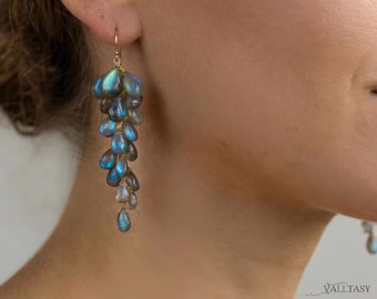 - Blue Labradorite Earrings, Drop Cluster Gemstone Earrings in Gold Filled