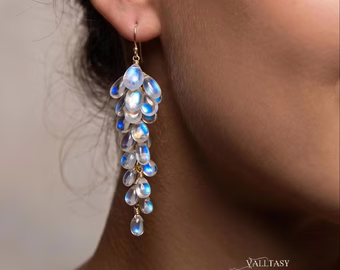 - Rainbow Moonstone Earrings, Drop Cluster Gemstone Earrings in Gold Filled
