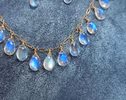- 14K Solid Gold Rainbow Moonstone Necklace, Deep Blue Fire Moonstone Drop Necklace