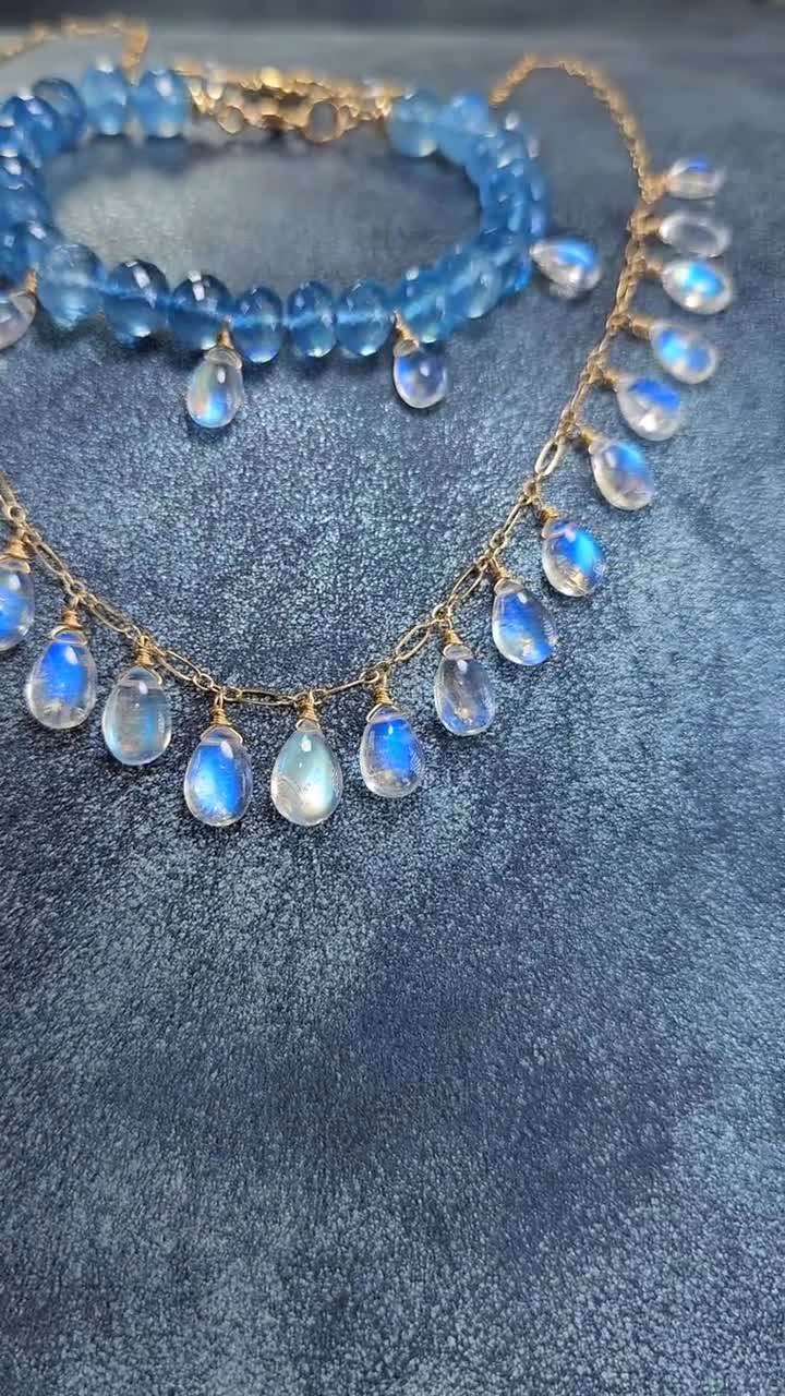 - 14K Solid Gold Rainbow Moonstone Necklace, Deep Blue Fire Moonstone Drop Necklace