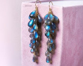 Blue Labradorite Earrings, Drop Cluster Gemstone Earrings in Gold Filled
