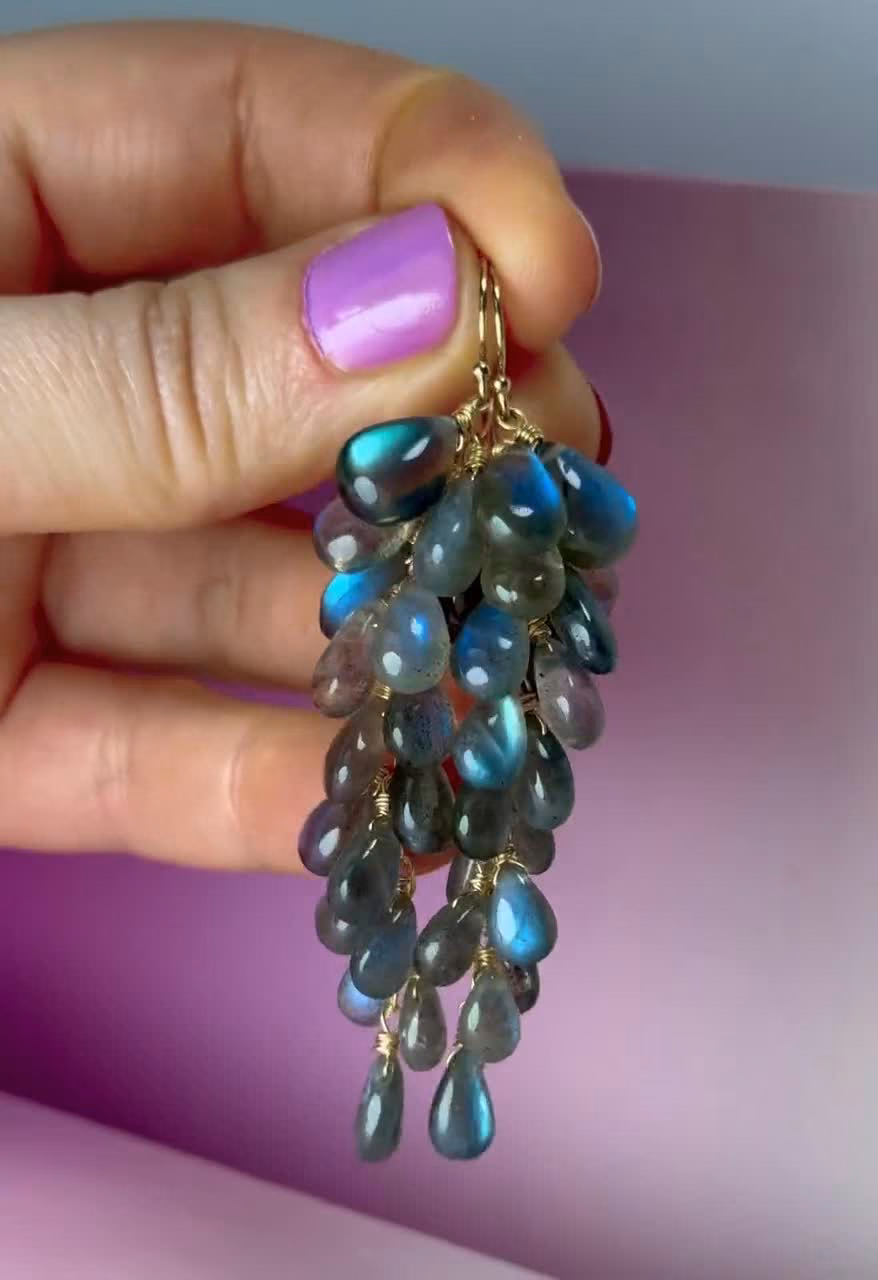 - Blue Labradorite Earrings, Drop Cluster Gemstone Earrings in Gold Filled