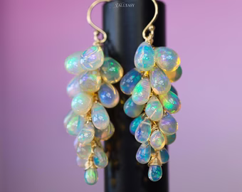 Ethiopian Opal Earrings, Drop Cluster Gemstone Earrings in Gold Filled