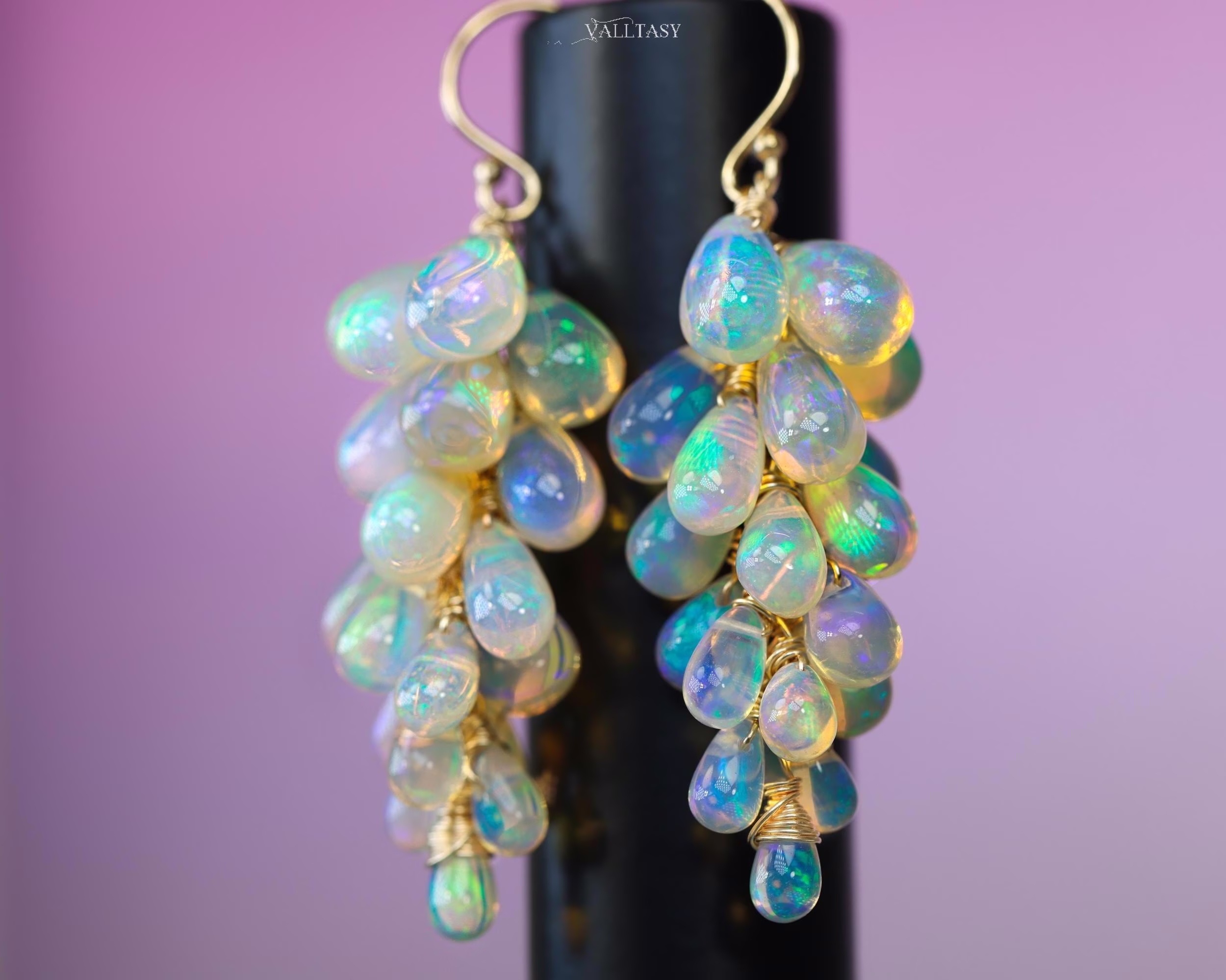 Ethiopian Opal Earrings, Drop Cluster Gemstone Earrings in Gold Filled