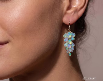 Ethiopian Opal Earrings, Drop Cluster Gemstone Earrings in Gold Filled
