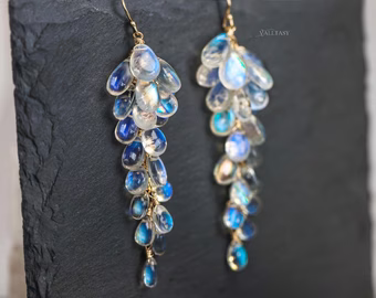 The Moon Reflections Earrings - Rainbow Moonstone Earrings, Drop Cluster Gemstone Earrings in Gold Filled