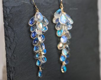 The Moon Reflections Earrings - Rainbow Moonstone Earrings, Drop Cluster Gemstone Earrings in Gold Filled